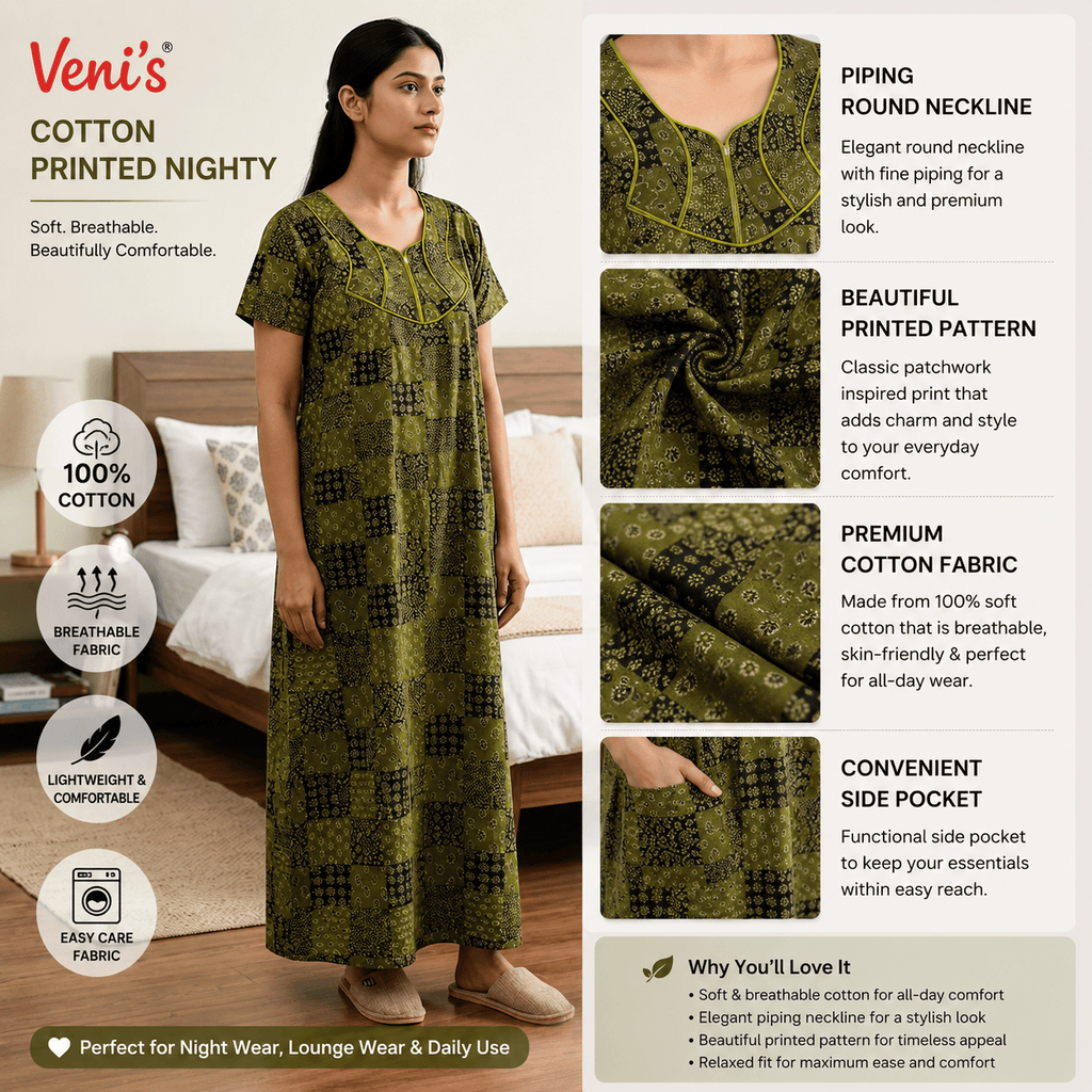 Veni's Women's Cotton Front Zip Printed Nighty – Olive Green & Black Patchwork Design | XL & XXL OneZeros