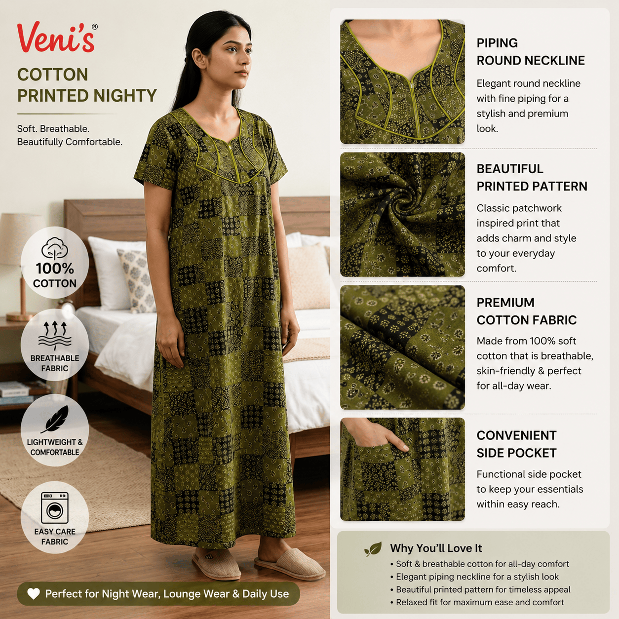Veni's Women's Cotton Front Zip Printed Nighty – Olive Green & Black Patchwork Design | XL & XXL OneZeros