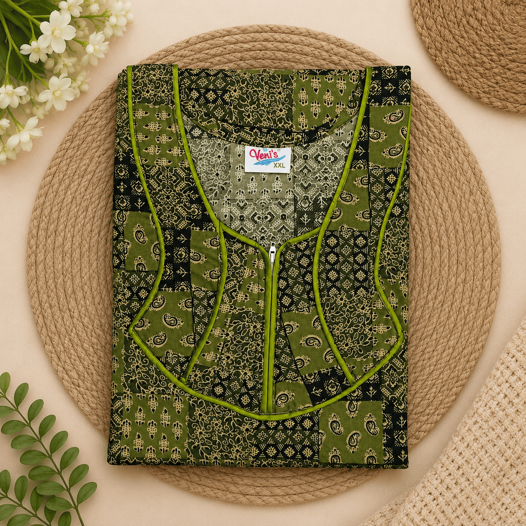 Veni's Women's Cotton Front Zip Printed Nighty – Olive Green & Black Patchwork Design | XL & XXL XXL OneZeros