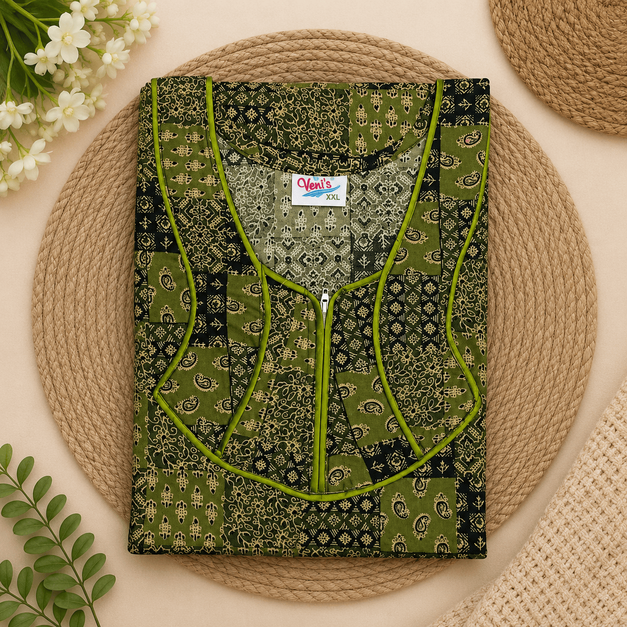 Veni's Women's Cotton Front Zip Printed Nighty – Olive Green & Black Patchwork Design | XL & XXL XXL OneZeros