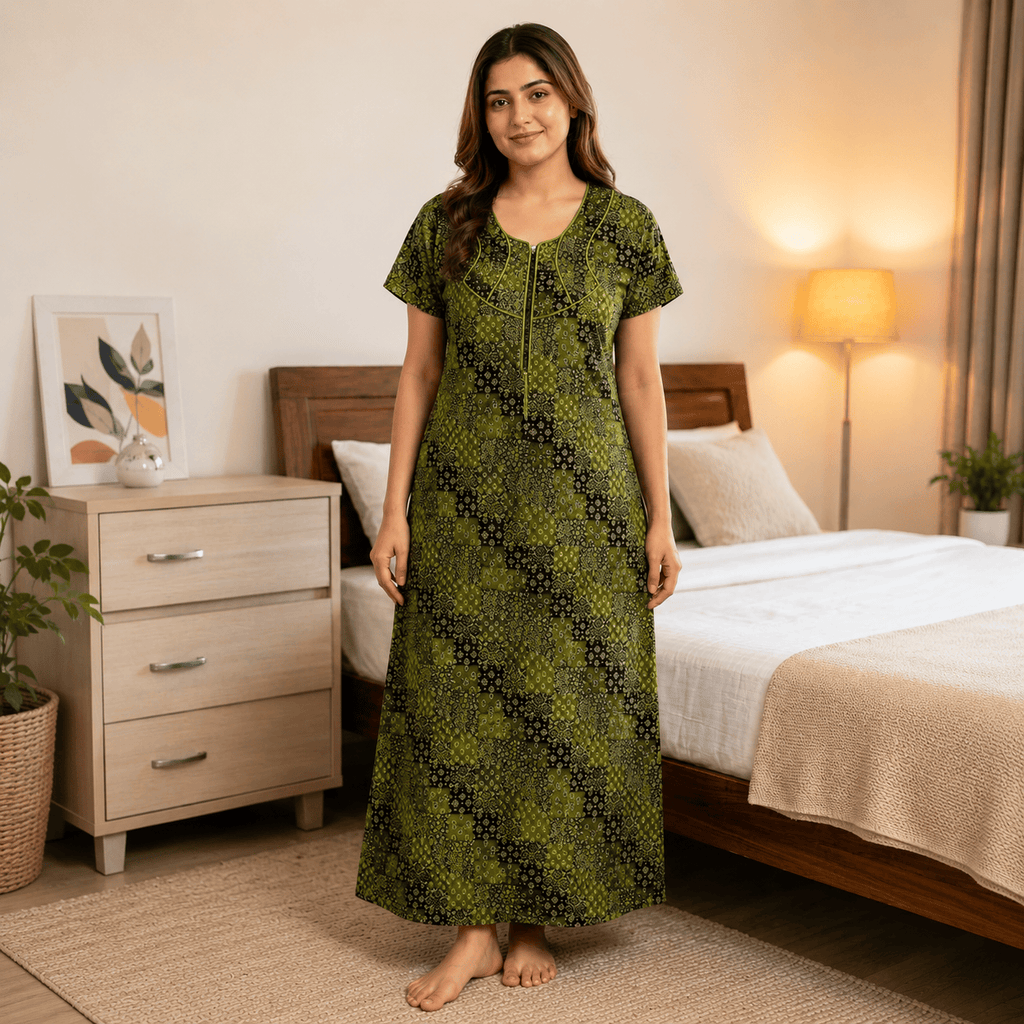 Veni's Women's Cotton Front Zip Printed Nighty – Olive Green & Black Patchwork Design | XL & XXL OneZeros