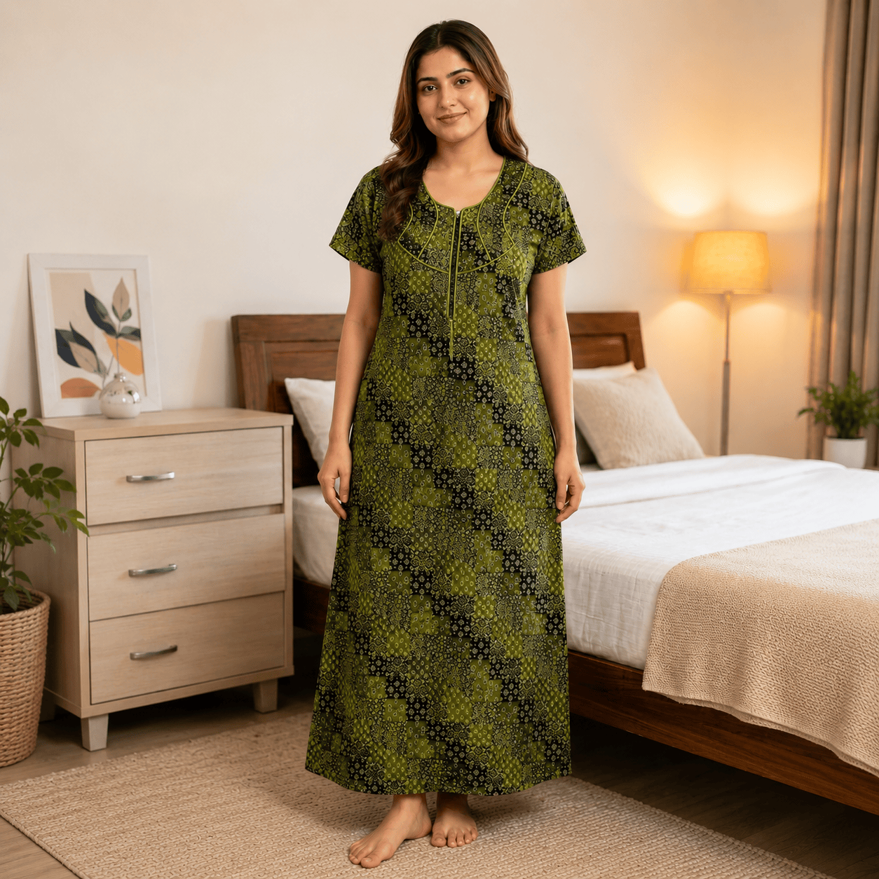 Veni's Women's Cotton Front Zip Printed Nighty – Olive Green & Black Patchwork Design | XL & XXL OneZeros