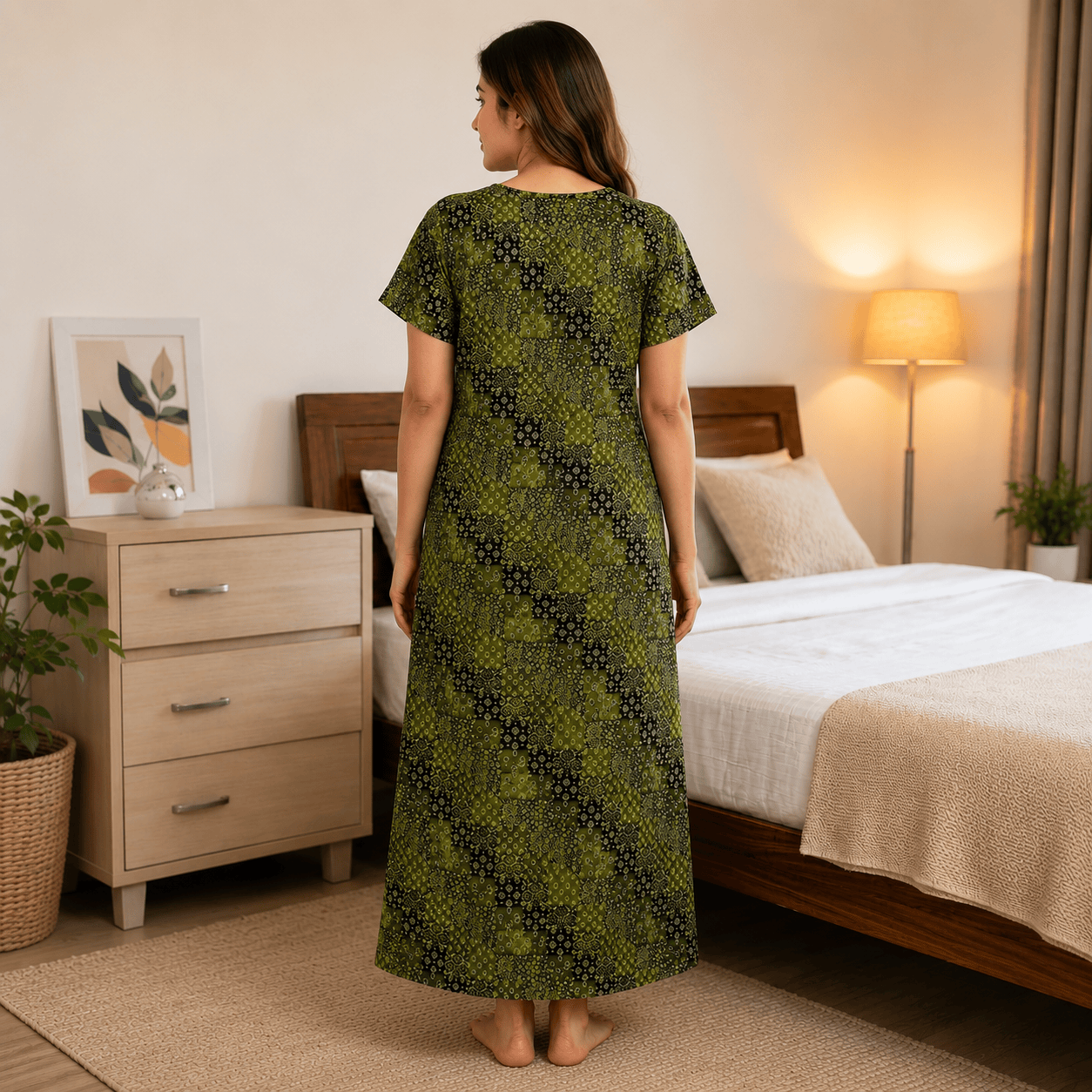 Veni's Women's Cotton Front Zip Printed Nighty – Olive Green & Black Patchwork Design | XL & XXL OneZeros