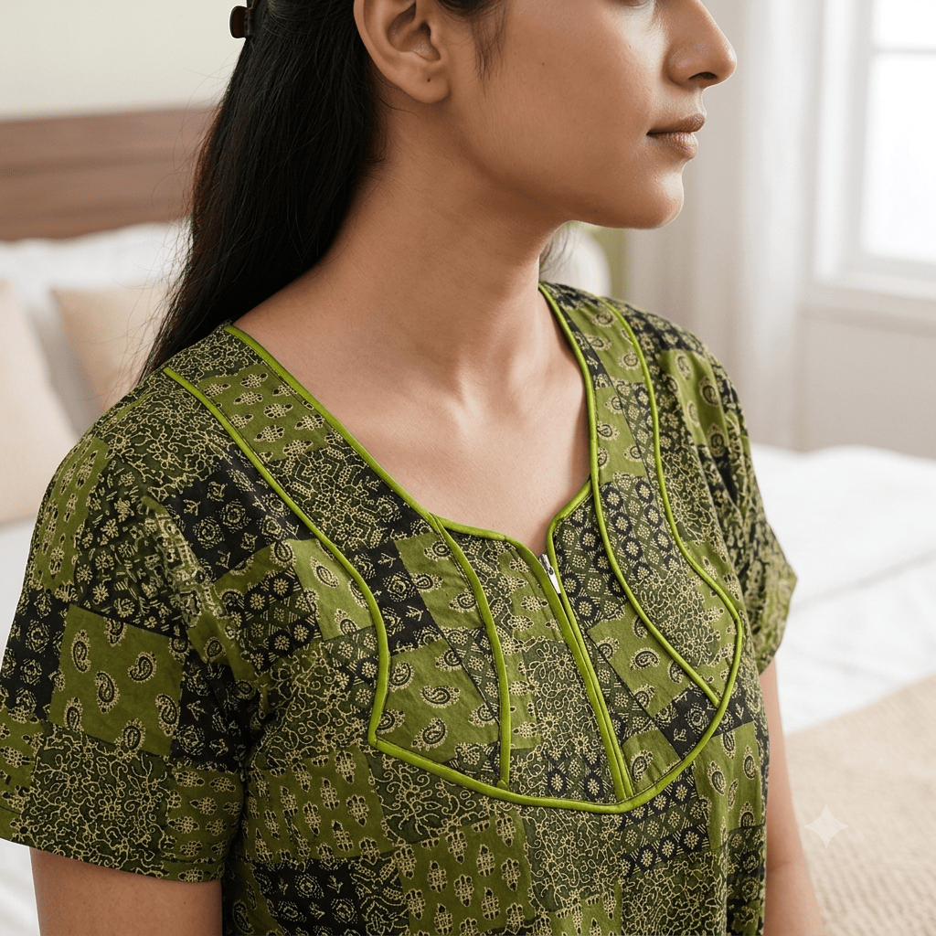 Veni's Women's Cotton Front Zip Printed Nighty – Olive Green & Black Patchwork Design | XL & XXL OneZeros