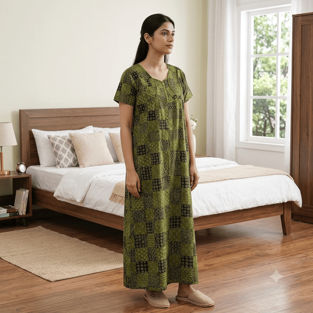 Veni's Women's Cotton Front Zip Printed Nighty – Olive Green & Black Patchwork Design | XL & XXL OneZeros