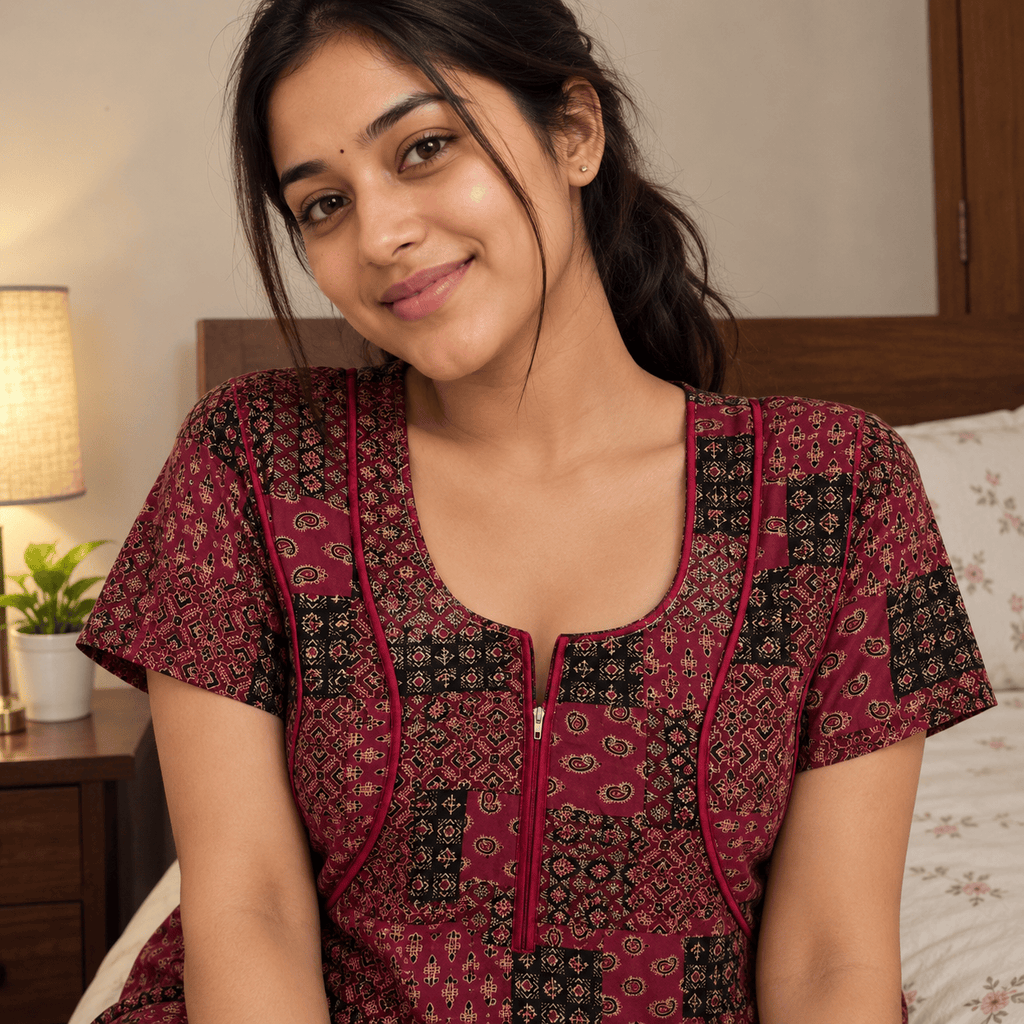 Veni's Women's Printed Cotton Blend Front Zip Nighty – Maroon & Black Patchwork Design | XL & XXL XXL OneZeros