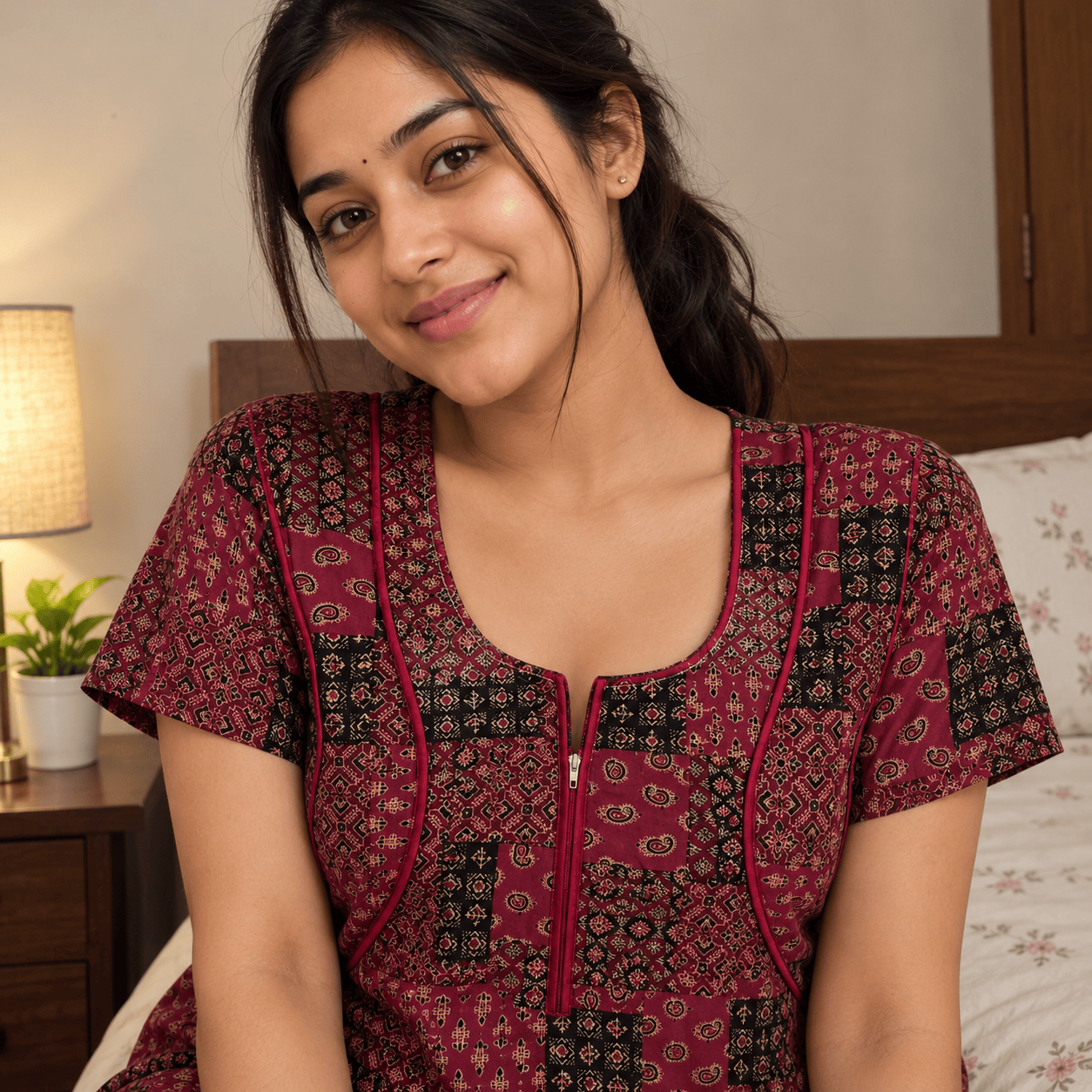 Veni's Women's Printed Cotton Blend Front Zip Nighty – Maroon & Black Patchwork Design | XL & XXL XXL OneZeros