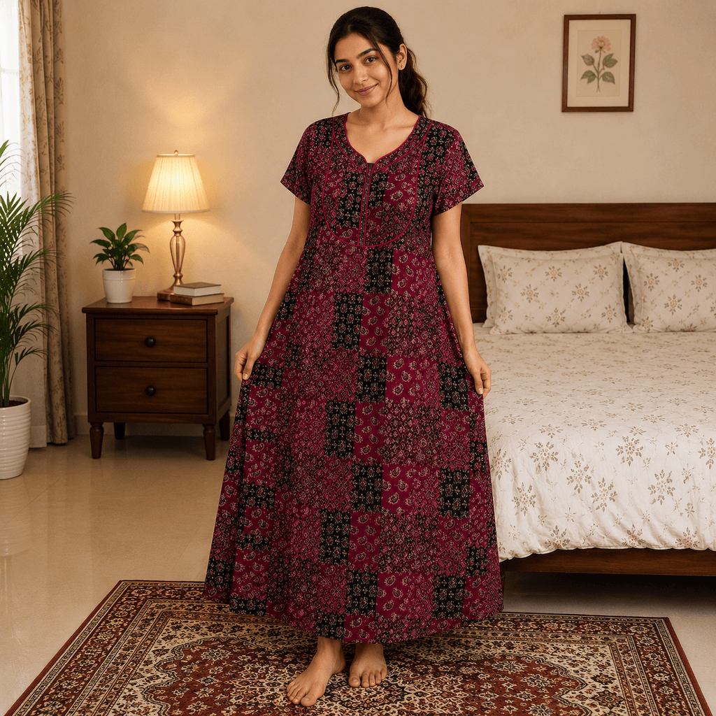 Veni's Women's Printed Cotton Blend Front Zip Nighty – Maroon & Black Patchwork Design | XL & XXL XXL OneZeros