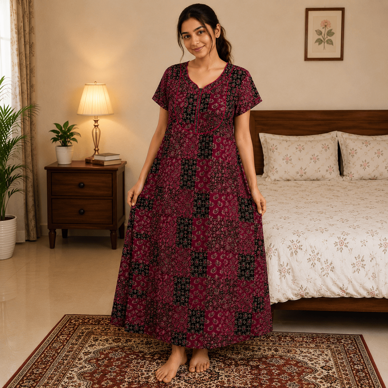 Veni's Women's Printed Cotton Blend Front Zip Nighty – Maroon & Black Patchwork Design | XL & XXL XXL OneZeros