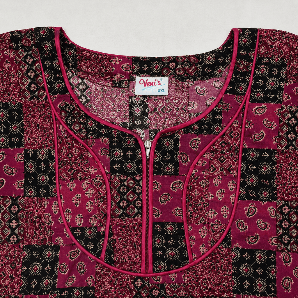 Veni's Women's Printed Cotton Blend Front Zip Nighty – Maroon & Black Patchwork Design | XL & XXL XXL OneZeros