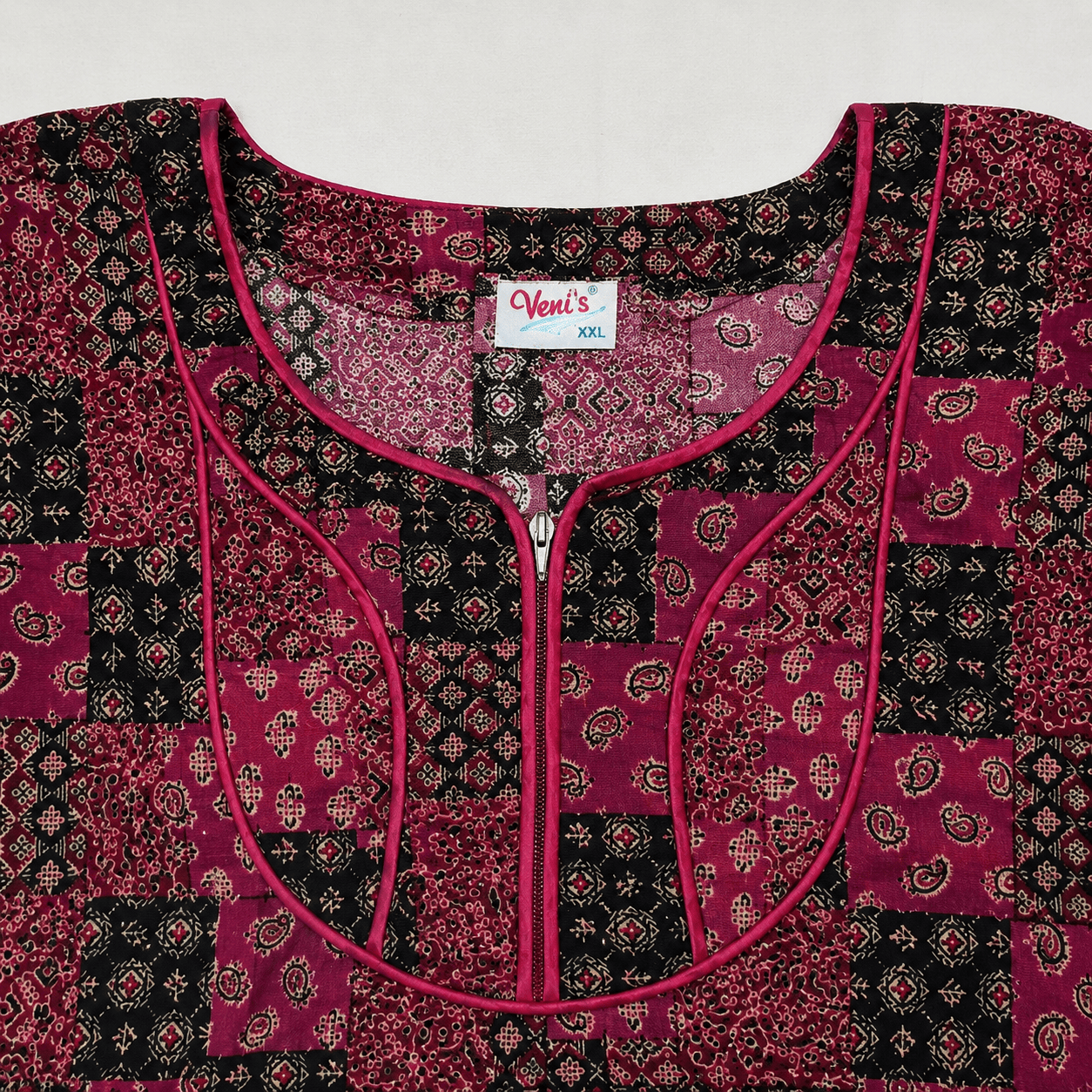 Veni's Women's Printed Cotton Blend Front Zip Nighty – Maroon & Black Patchwork Design | XL & XXL XXL OneZeros