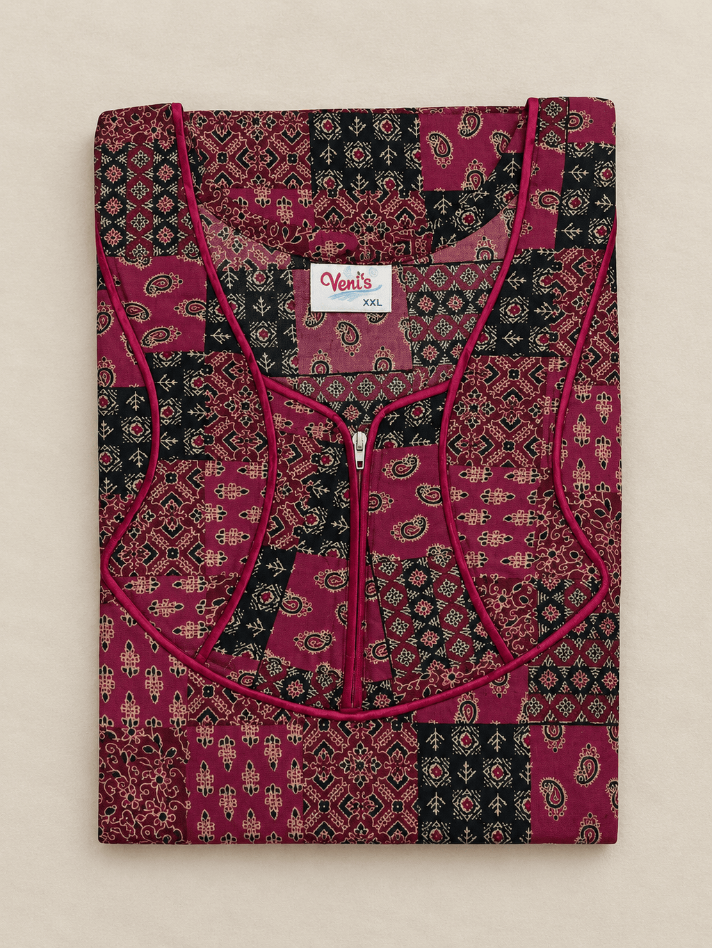 Veni's Women's Printed Cotton Blend Front Zip Nighty – Maroon & Black Patchwork Design | XL & XXL XXL OneZeros