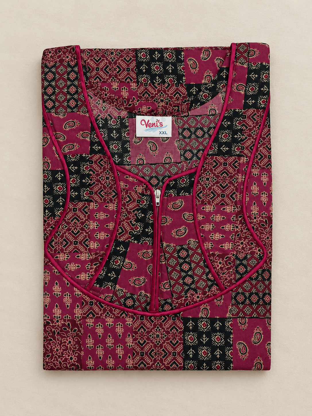 Veni's Women's Printed Cotton Blend Front Zip Nighty – Maroon & Black Patchwork Design | XL & XXL XXL OneZeros