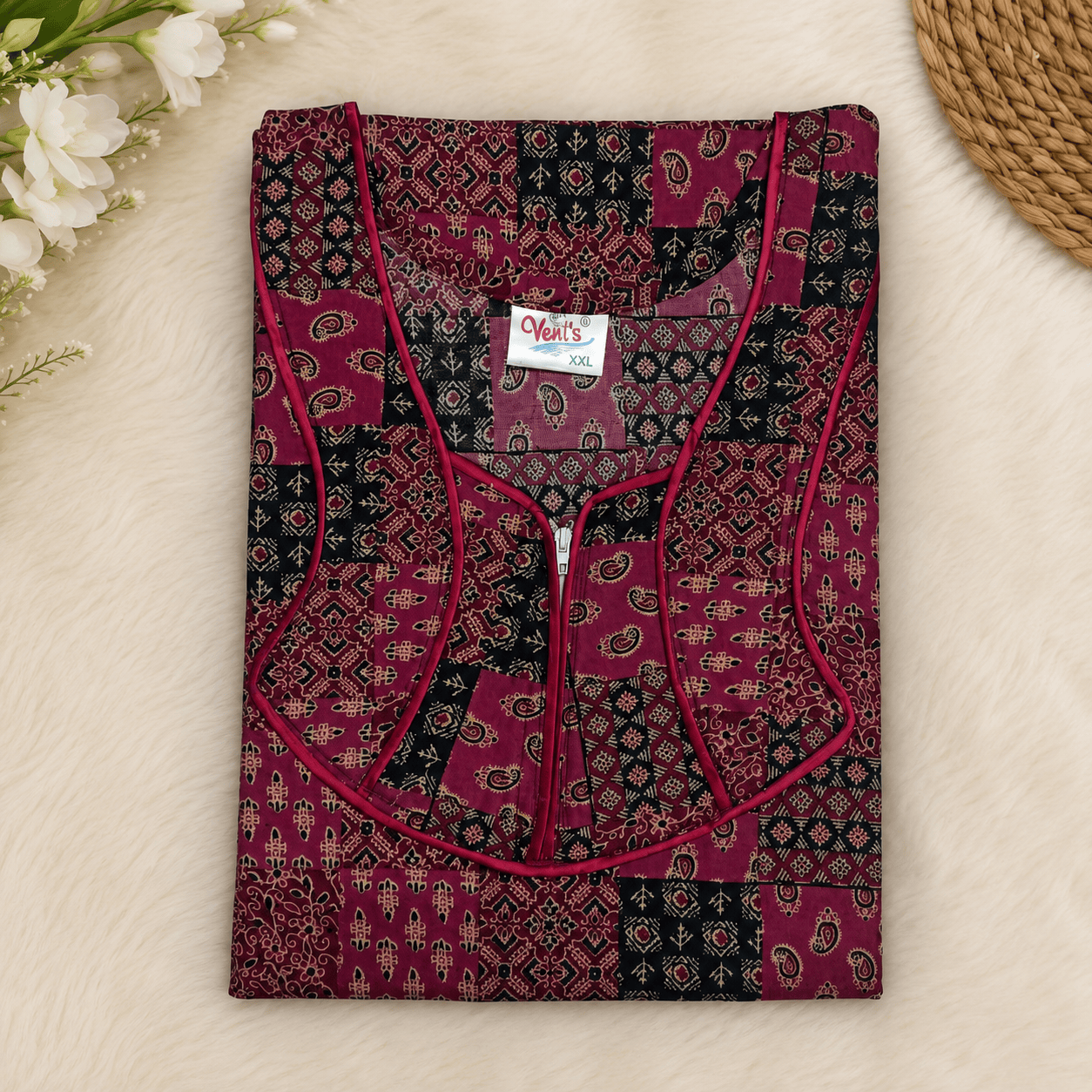 Veni's Women's Printed Cotton Blend Front Zip Nighty – Maroon & Black Patchwork Design | XL & XXL XXL OneZeros
