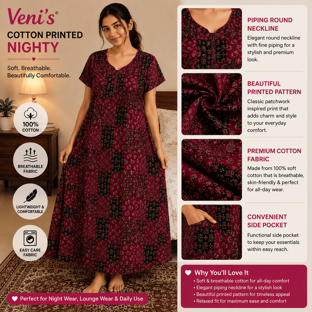 Veni's Women's Printed Cotton Blend Front Zip Nighty – Maroon & Black Patchwork Design | XL & XXL XXL OneZeros