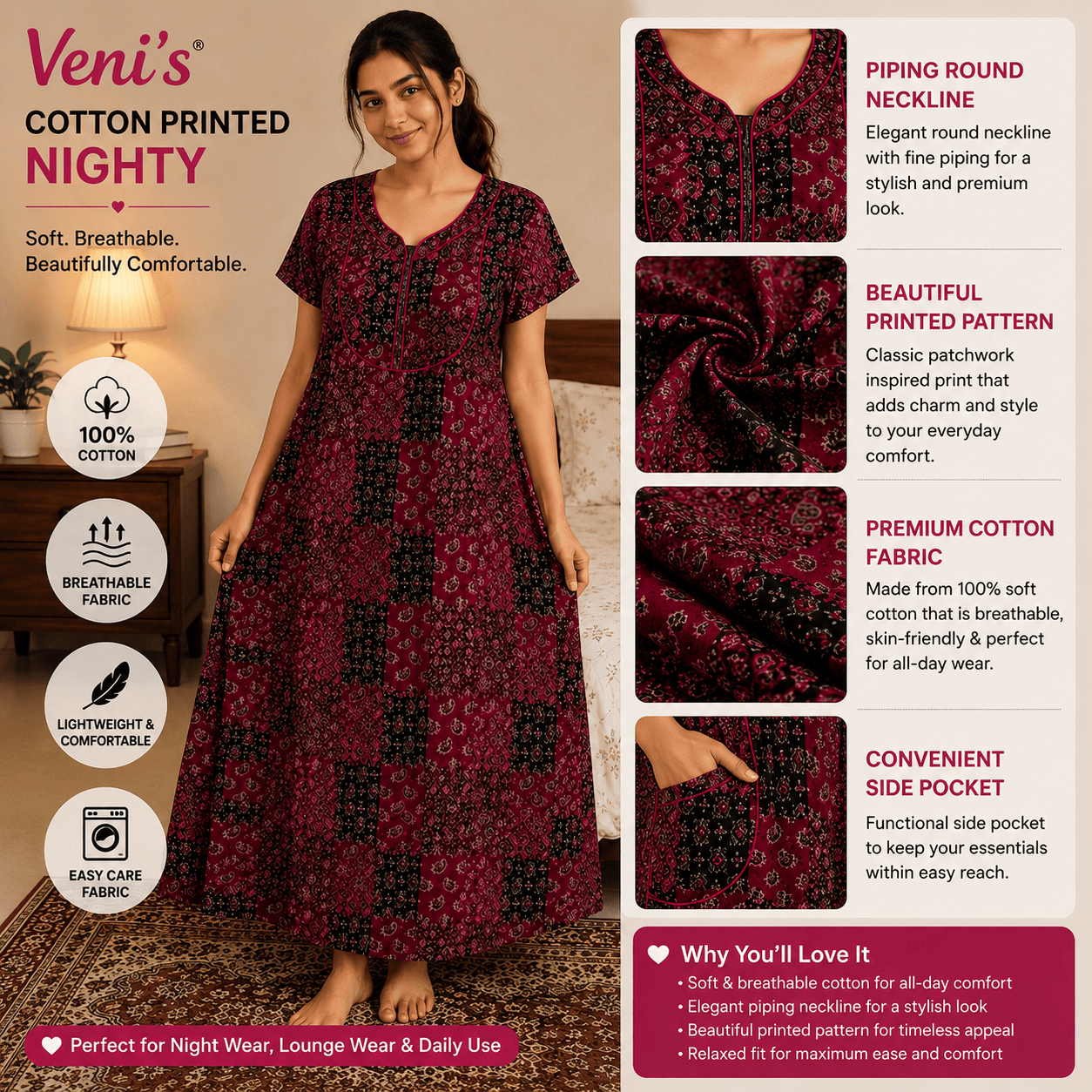 Veni's Women's Printed Cotton Blend Front Zip Nighty – Maroon & Black Patchwork Design | XL & XXL XXL OneZeros