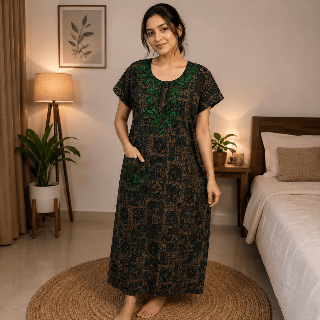 Veni's Women's Rayon Embroidered Printed Nighty with Pocket – Soft Full Length Night Gown OneZeros