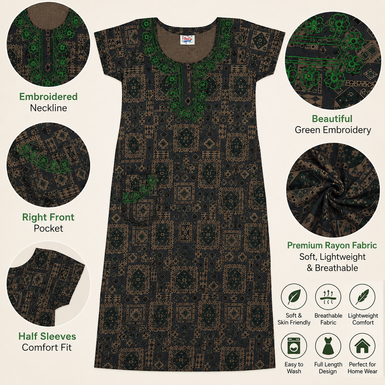 Veni's Women's Rayon Embroidered Printed Nighty with Pocket – Soft Full Length Night Gown OneZeros
