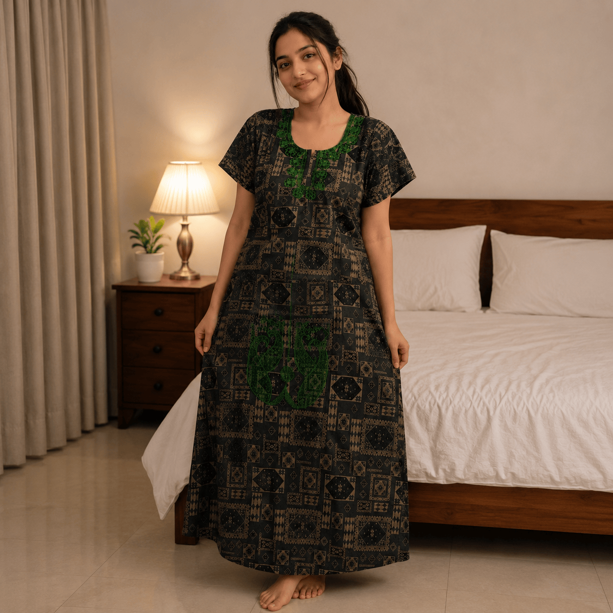 Veni's Women's Rayon Embroidered Printed Nighty with Pocket – Soft Full Length Night Gown OneZeros