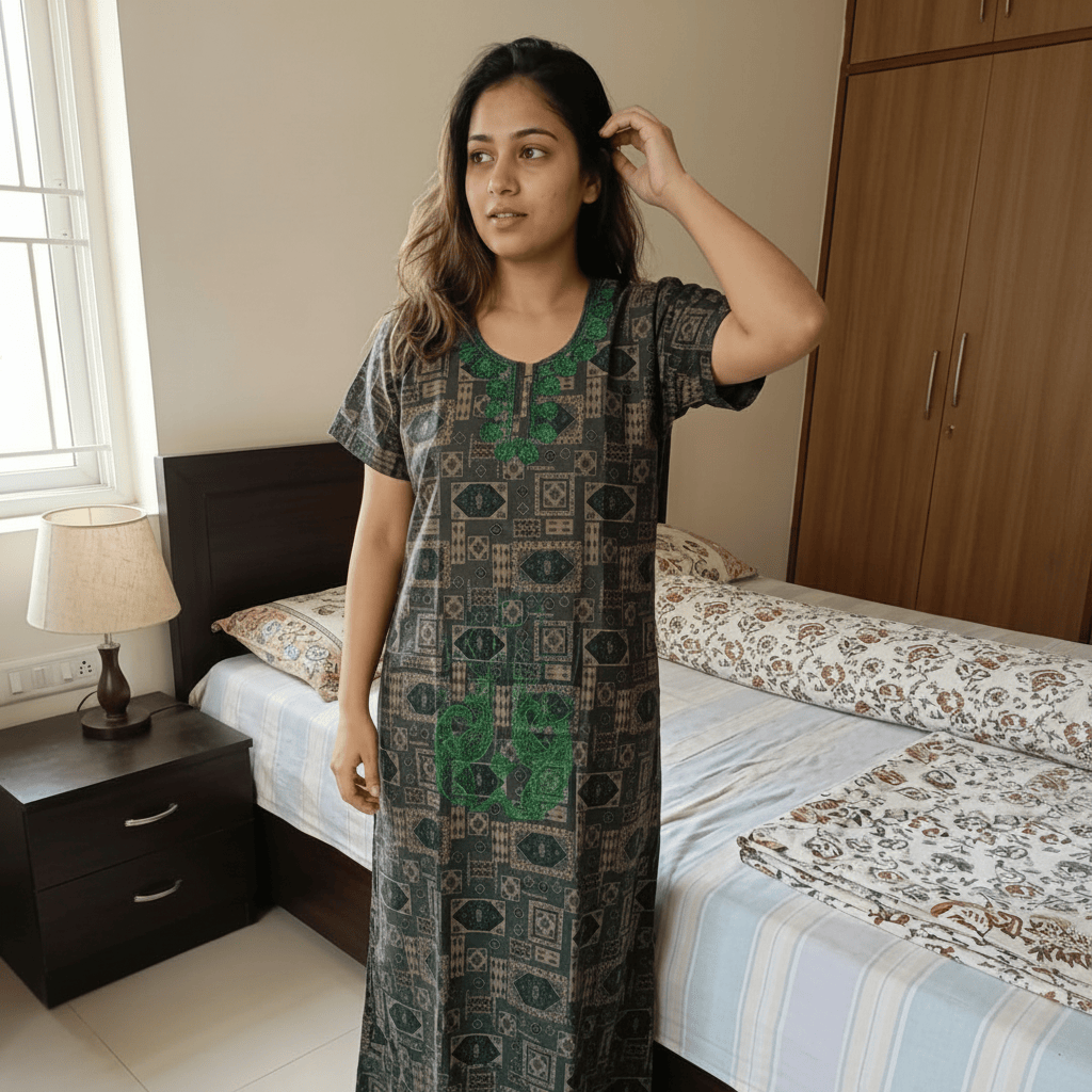 Veni's Women's Rayon Embroidered Printed Nighty with Pocket – Soft Full Length Night Gown OneZeros