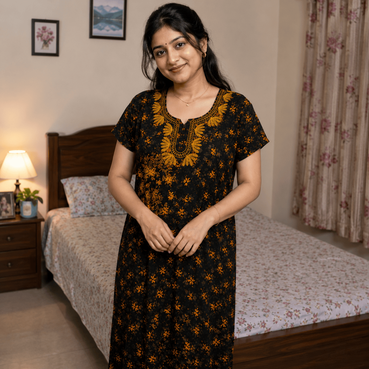 Women's Black & Mustard Floral Rayon Nighty with Embroidered Neckline & Front Zip (XXL) XXL OneZeros