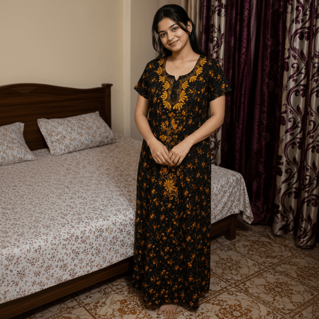 Women's Black & Mustard Floral Rayon Nighty with Embroidered Neckline & Front Zip (XXL) XXL OneZeros