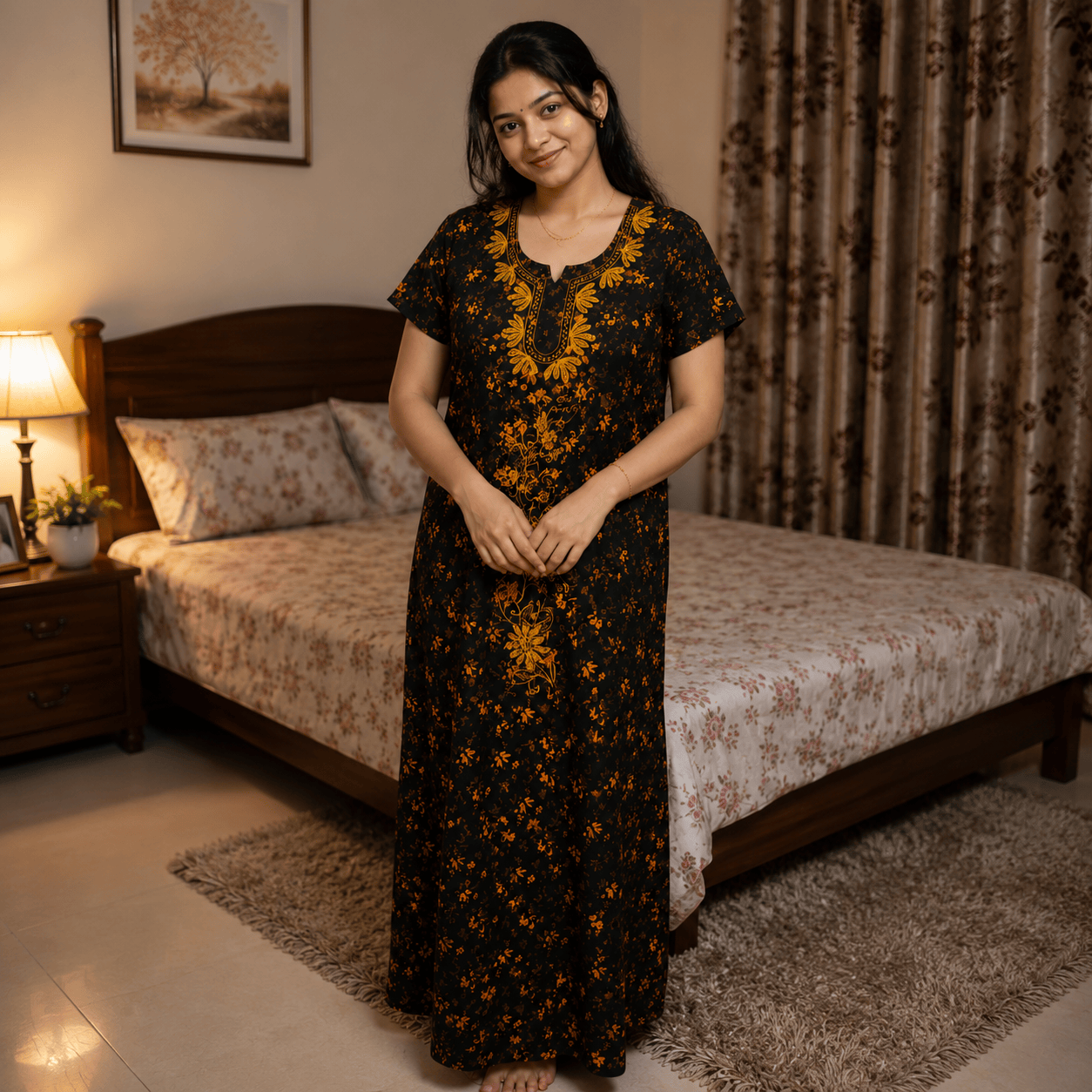 Women's Black & Mustard Floral Rayon Nighty with Embroidered Neckline & Front Zip (XXL) XXL OneZeros