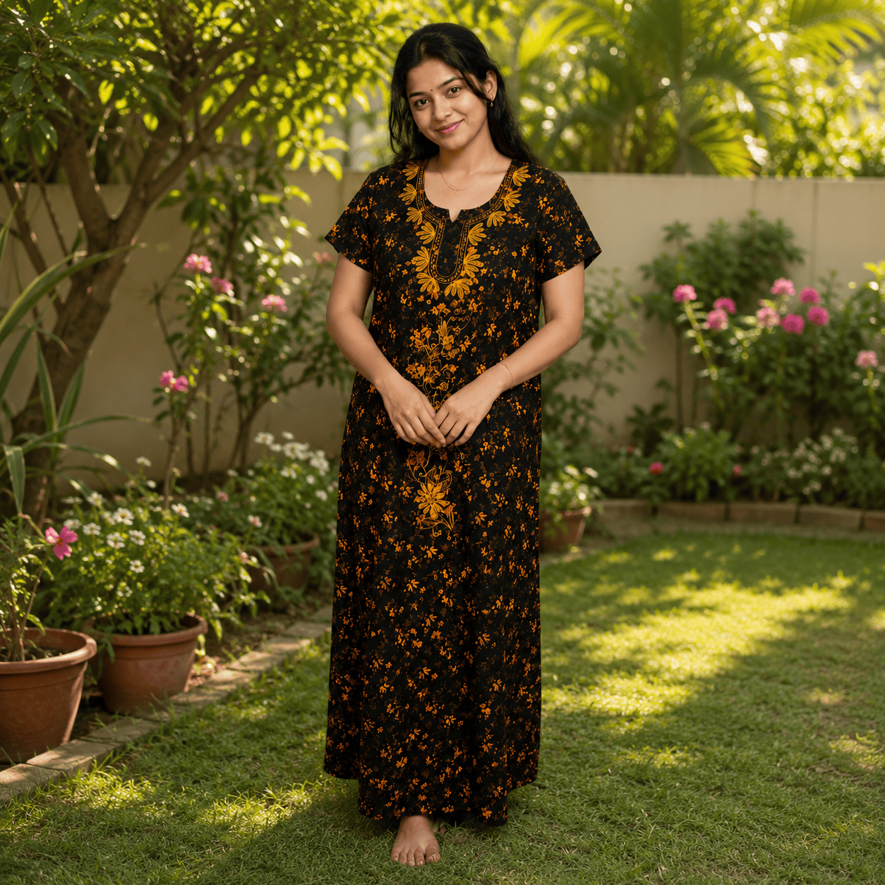 Women's Black & Mustard Floral Rayon Nighty with Embroidered Neckline & Front Zip (XXL) XXL OneZeros