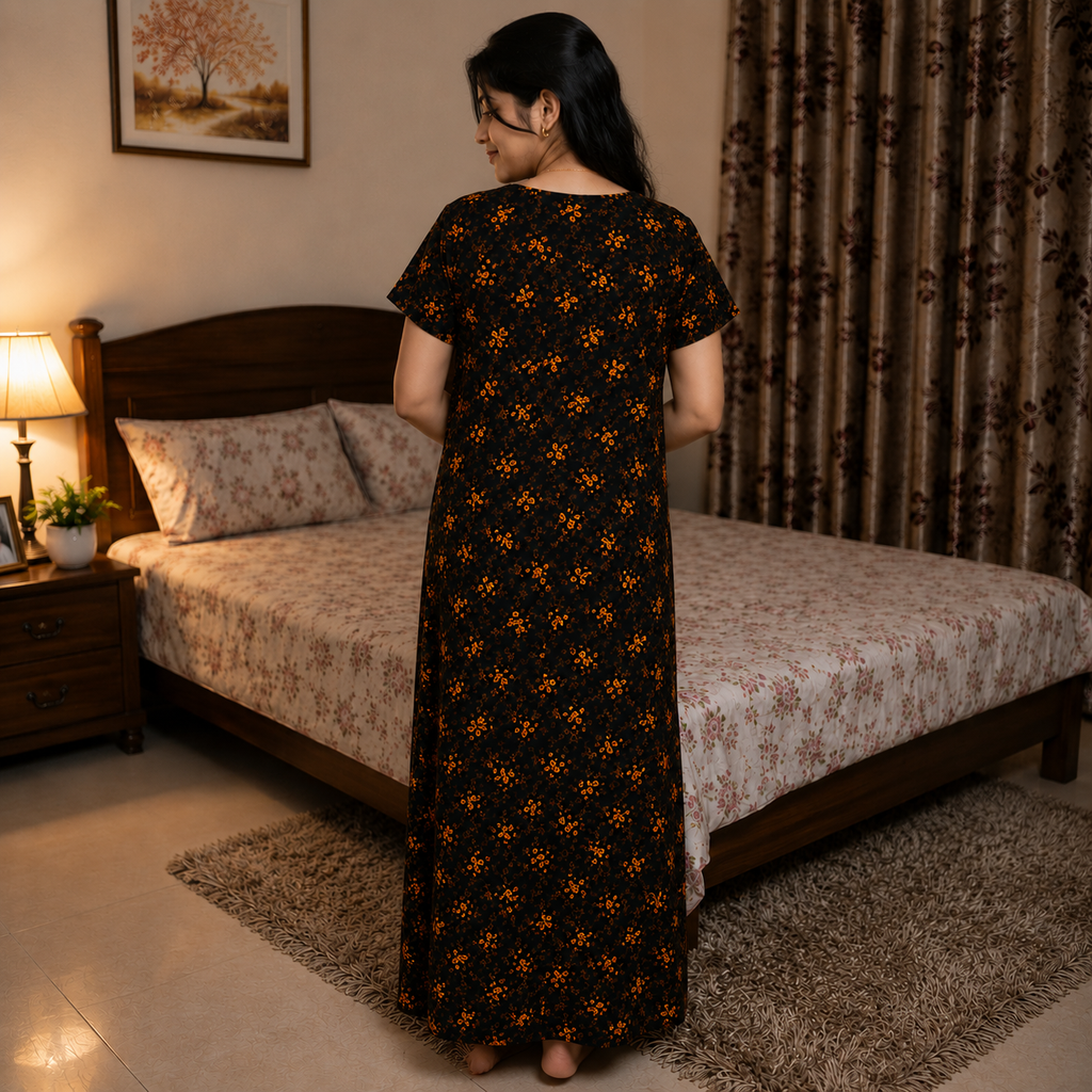 Women's Black & Mustard Floral Rayon Nighty with Embroidered Neckline & Front Zip (XXL) XXL OneZeros