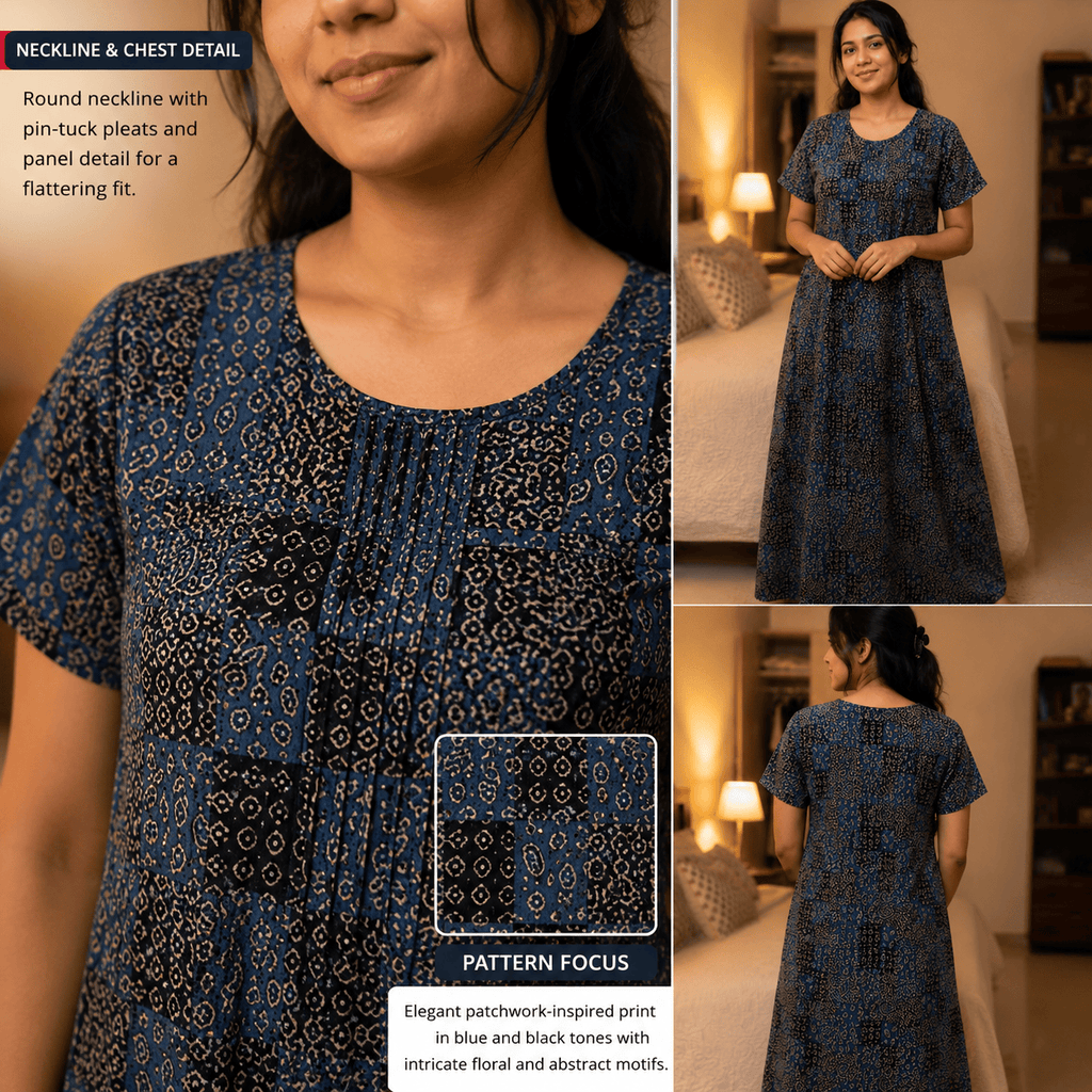 Women's Blue Patchwork Printed Cotton Nighty – Soft & Comfortable XL & XXL OneZeros