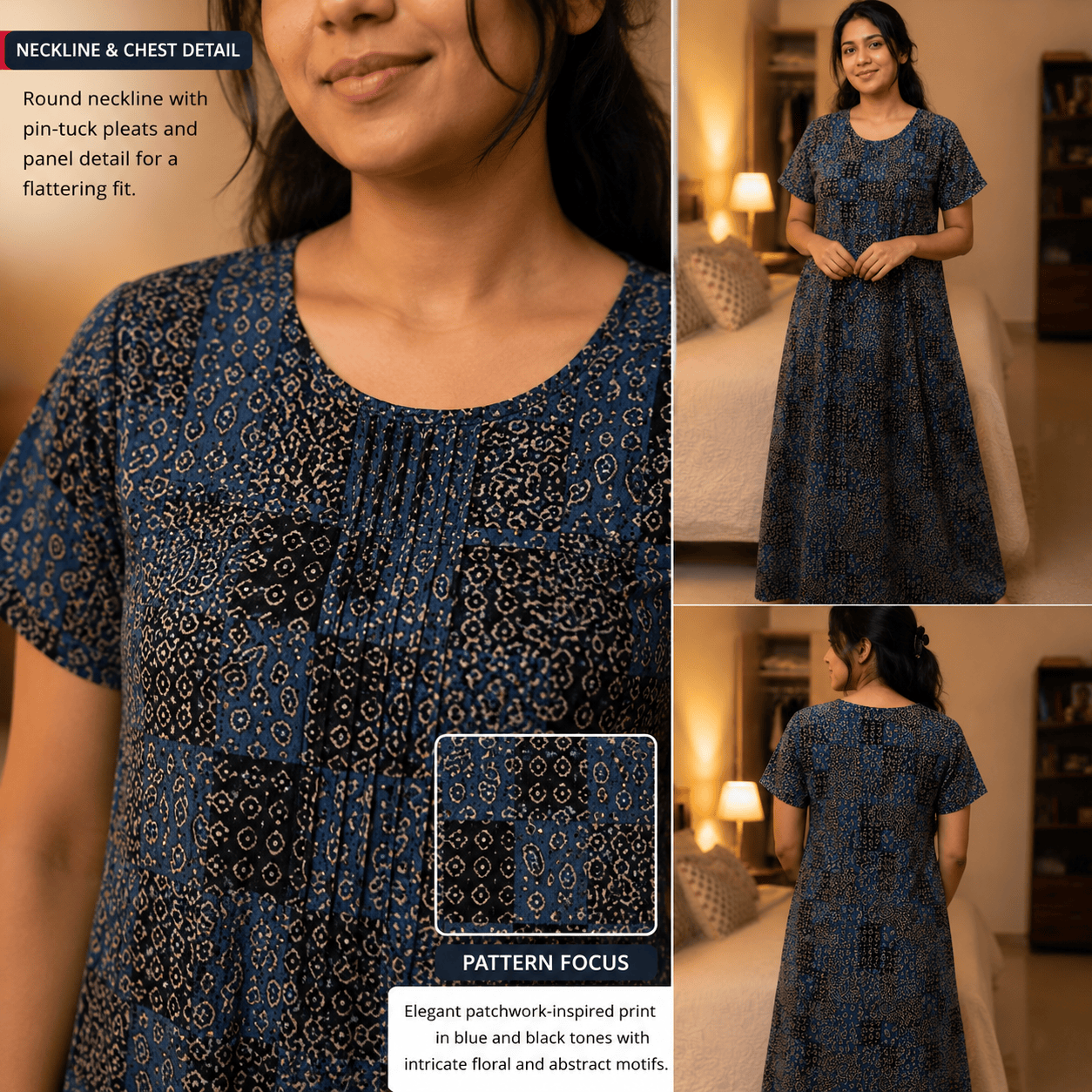 Women's Blue Patchwork Printed Cotton Nighty – Soft & Comfortable XL & XXL OneZeros