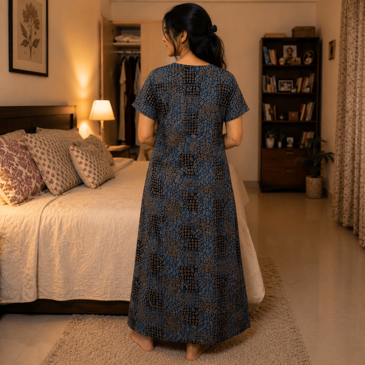 Women's Blue Patchwork Printed Cotton Nighty – Soft & Comfortable XL & XXL OneZeros