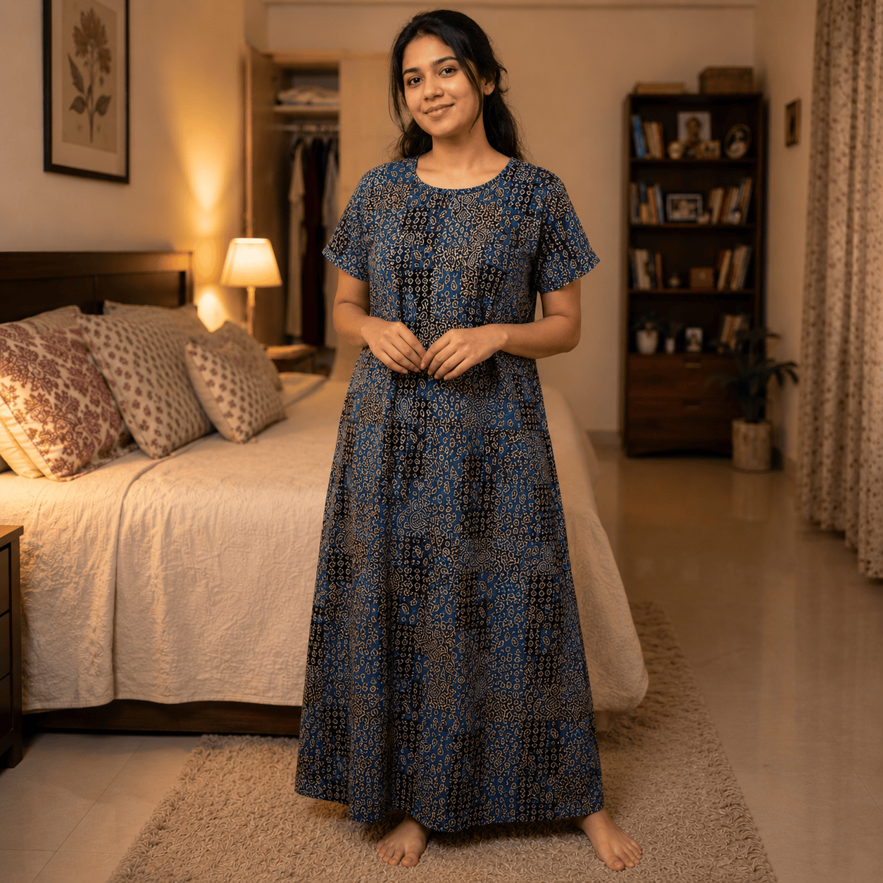 Women's Blue Patchwork Printed Cotton Nighty – Soft & Comfortable XL & XXL OneZeros