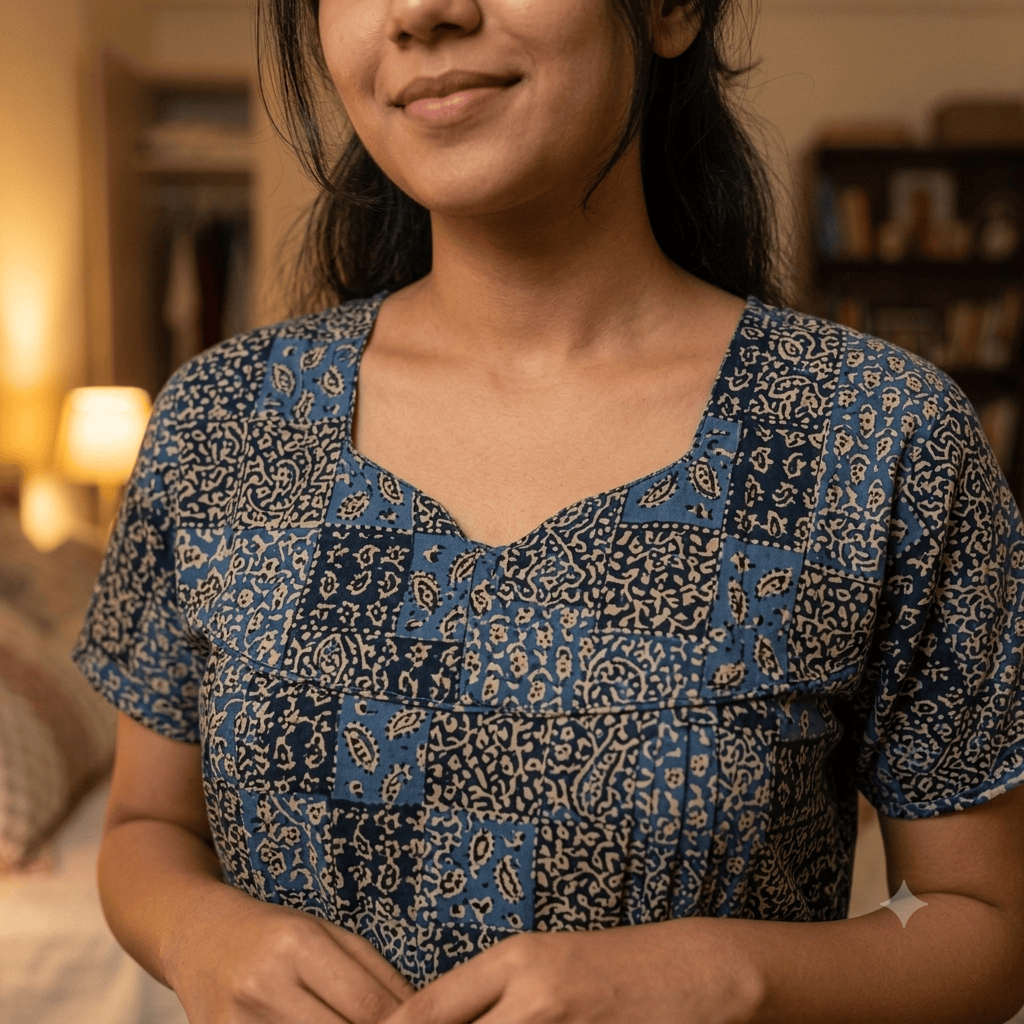Women's Blue Patchwork Printed Cotton Nighty – Soft & Comfortable XL & XXL XXL OneZeros