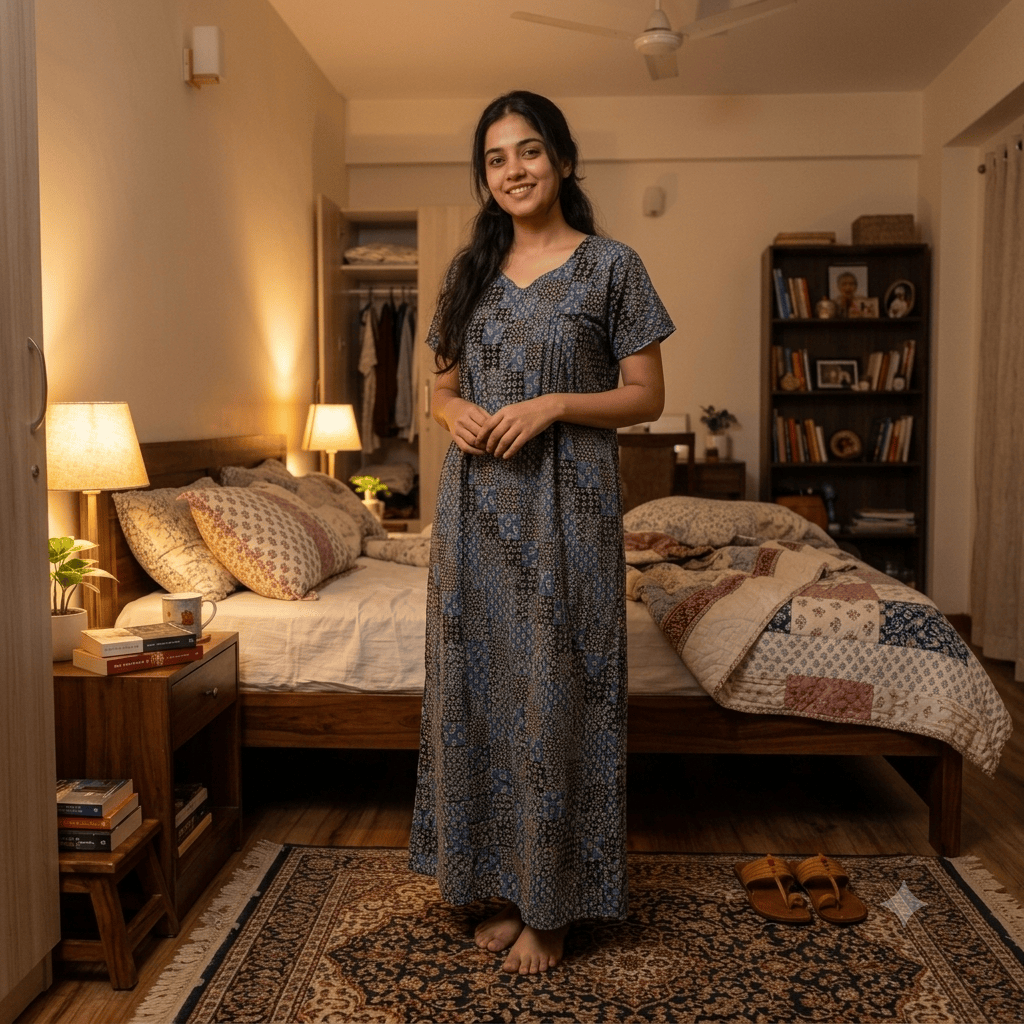 Women's Blue Patchwork Printed Cotton Nighty – Soft & Comfortable XL & XXL OneZeros