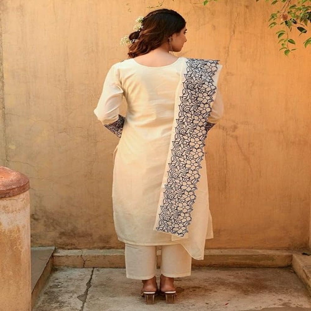 Women's Cotton Blend Straight Embroidery Kurta with Pant & Dupatta Onezeros.in