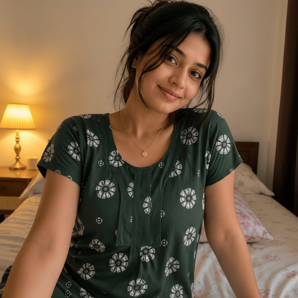 Women's Dark Green Floral Printed Cotton Nighty with Front Pocket – Soft Daily Wear House Dress (XXL) OneZeros