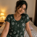 Women's Dark Green Floral Printed Cotton Nighty with Front Pocket – Soft Daily Wear House Dress (XXL) OneZeros