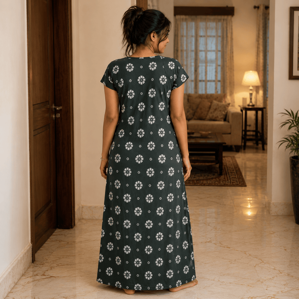 Women's Dark Green Floral Printed Cotton Nighty with Front Pocket – Soft Daily Wear House Dress (XXL) OneZeros