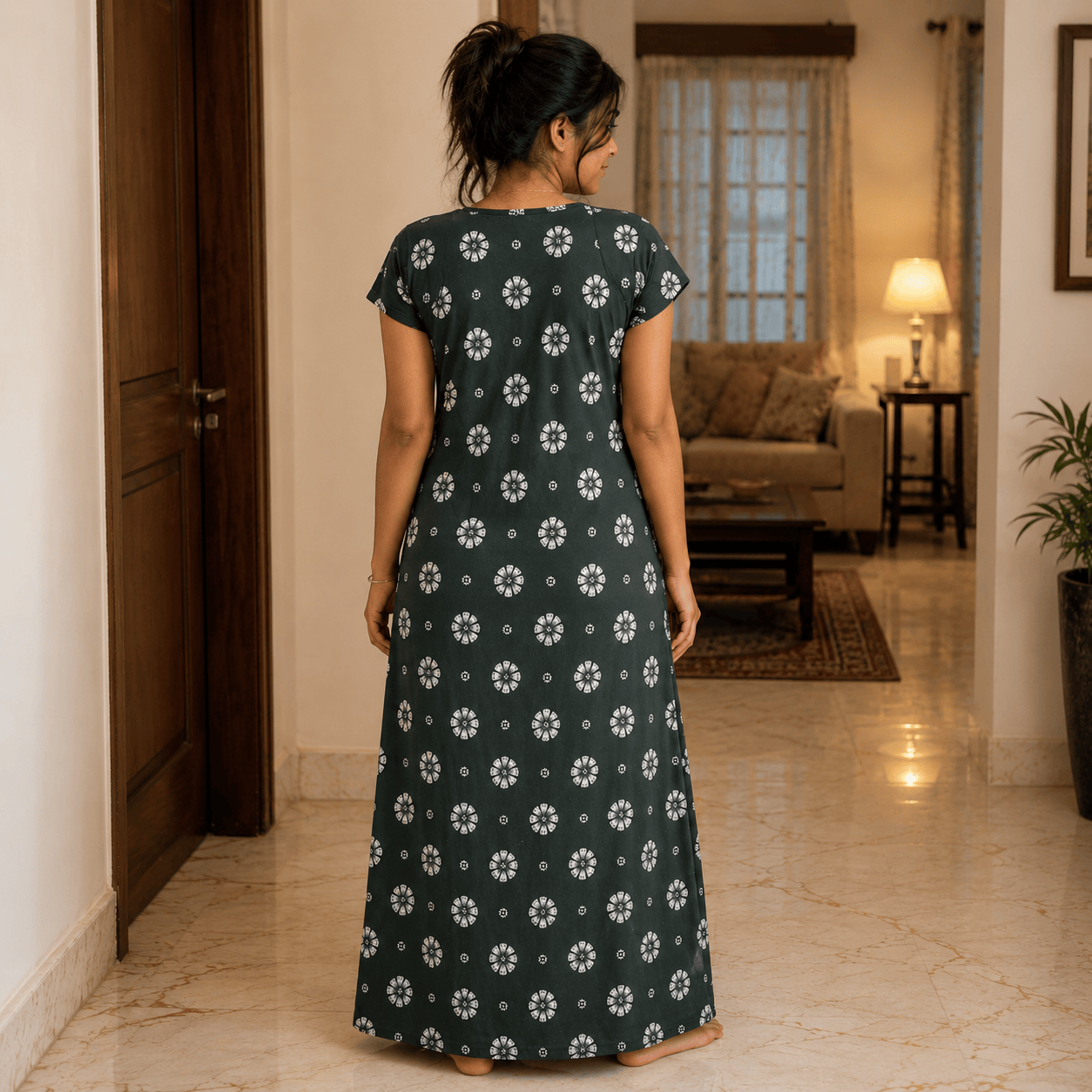 Women's Dark Green Floral Printed Cotton Nighty with Front Pocket – Soft Daily Wear House Dress (XXL) OneZeros