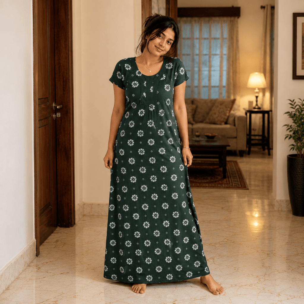 Women's Dark Green Floral Printed Cotton Nighty with Front Pocket – Soft Daily Wear House Dress (XXL) OneZeros
