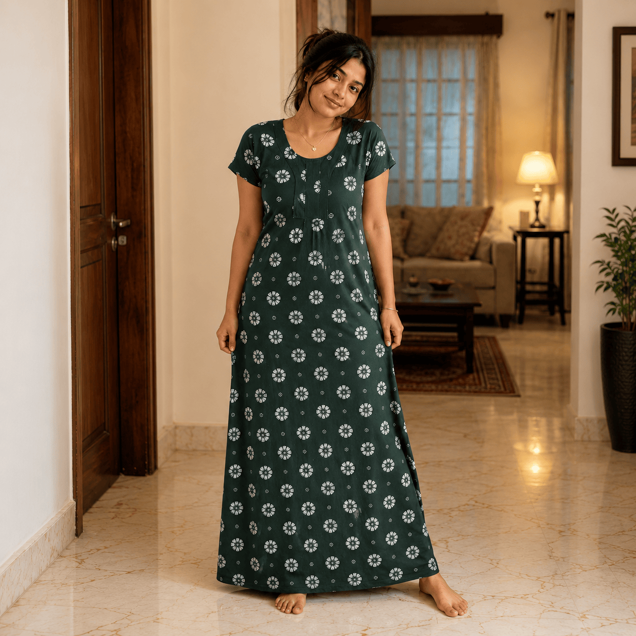 Women's Dark Green Floral Printed Cotton Nighty with Front Pocket – Soft Daily Wear House Dress (XXL) OneZeros