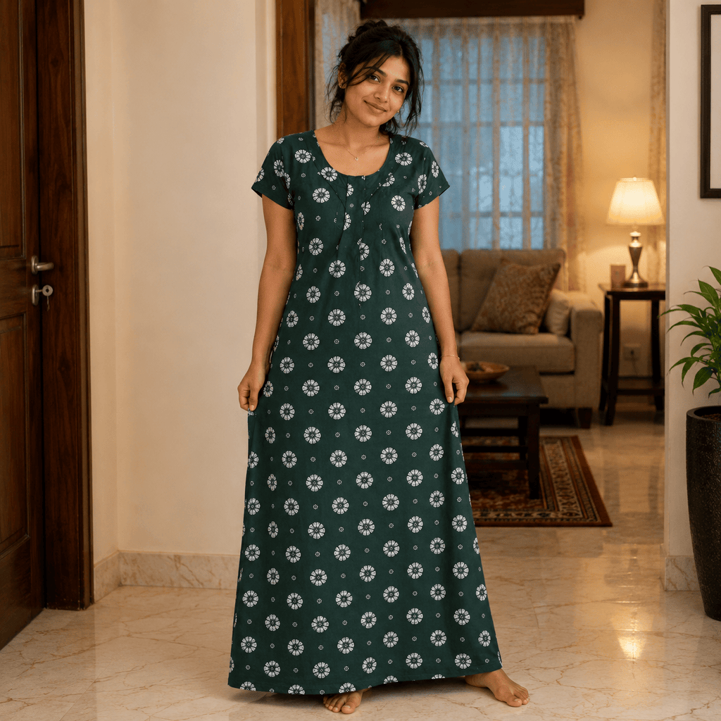 Women's Dark Green Floral Printed Cotton Nighty with Front Pocket – Soft Daily Wear House Dress (XXL) OneZeros