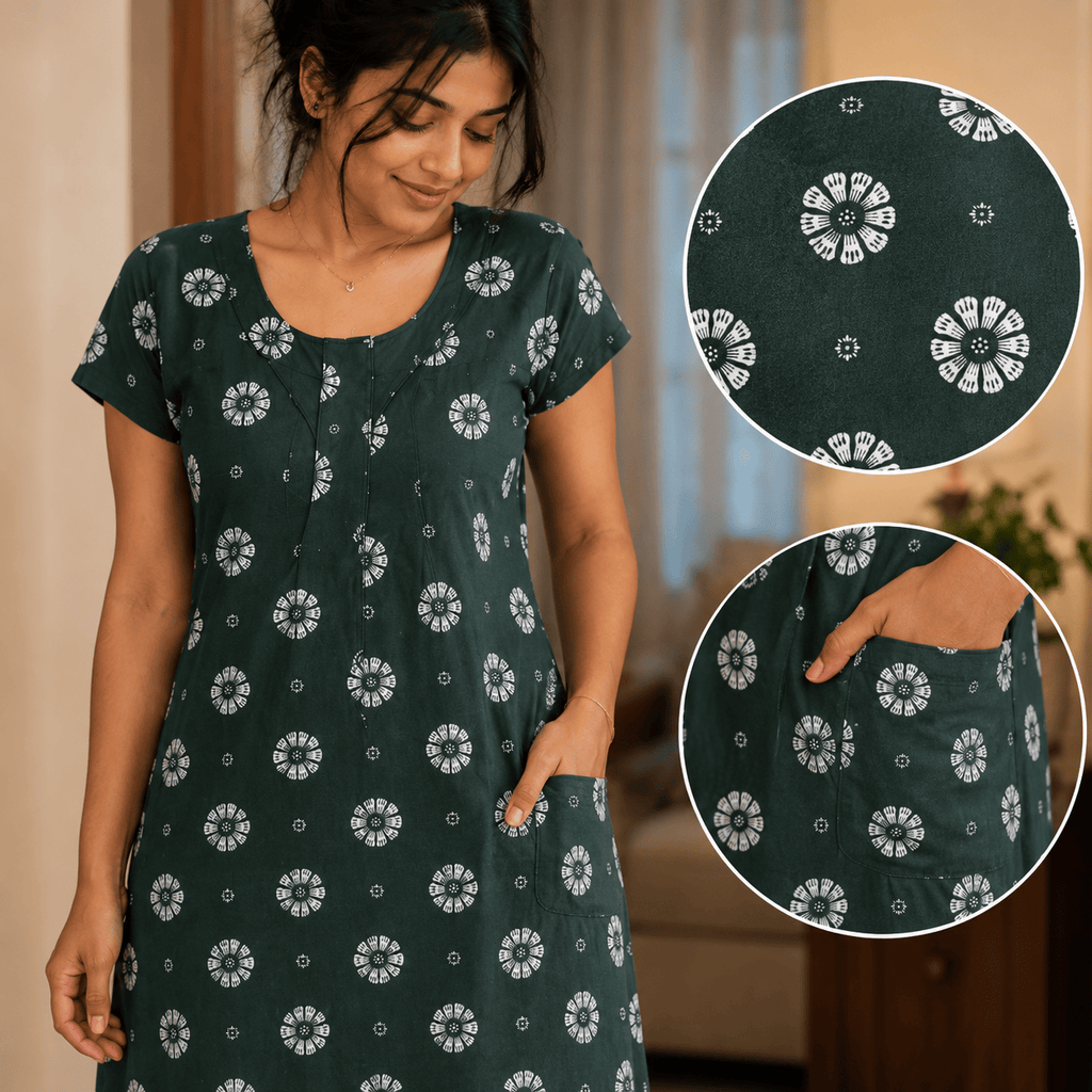 Women's Dark Green Floral Printed Cotton Nighty with Front Pocket – Soft Daily Wear House Dress (XXL) OneZeros