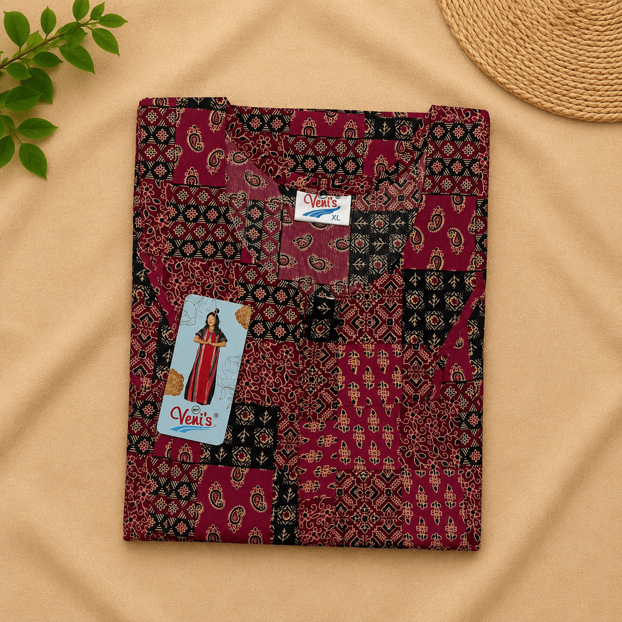 Women's Maroon Patchwork Printed Cotton Nighty – Soft & Comfortable Home Wear | XL & XXL XXL OneZeros