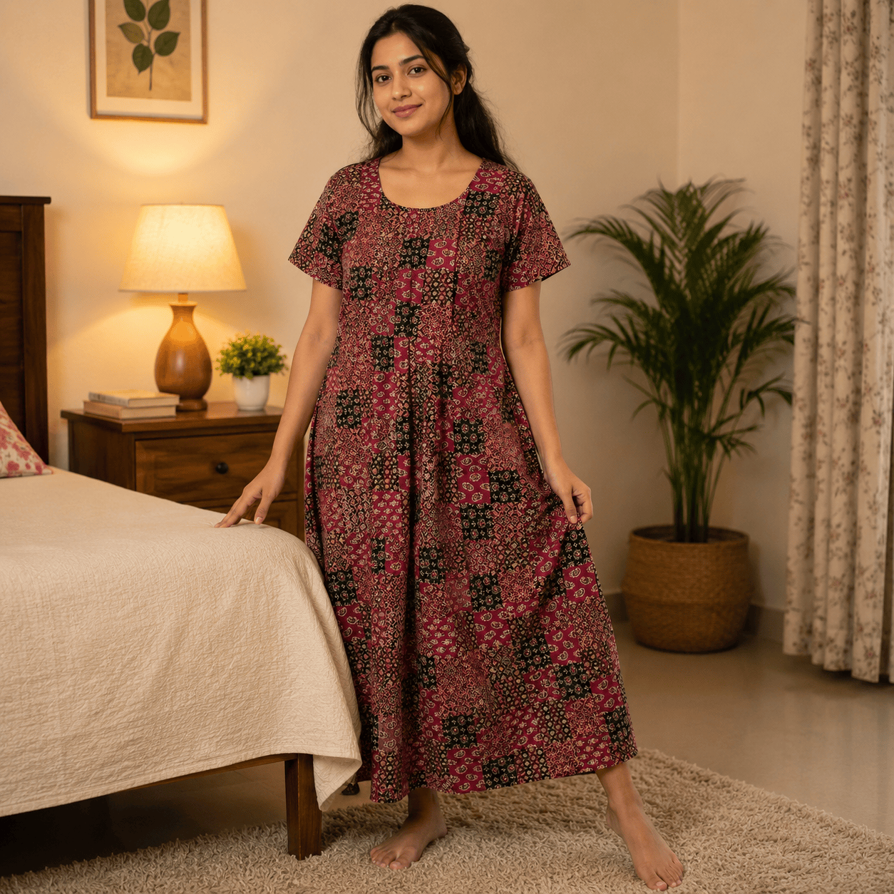 Women's Maroon Patchwork Printed Cotton Nighty – Soft & Comfortable Home Wear | XL & XXL OneZeros
