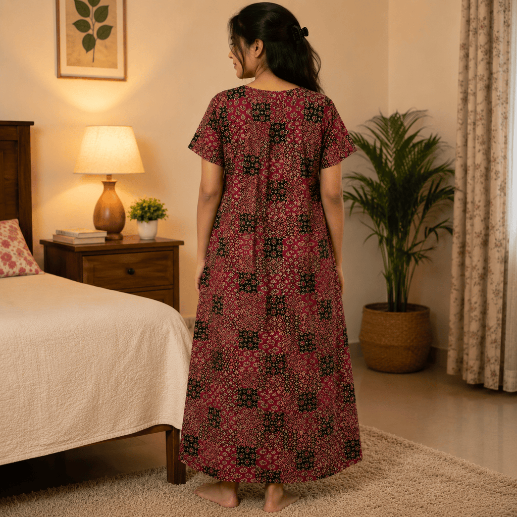 Women's Maroon Patchwork Printed Cotton Nighty – Soft & Comfortable Home Wear | XL & XXL OneZeros