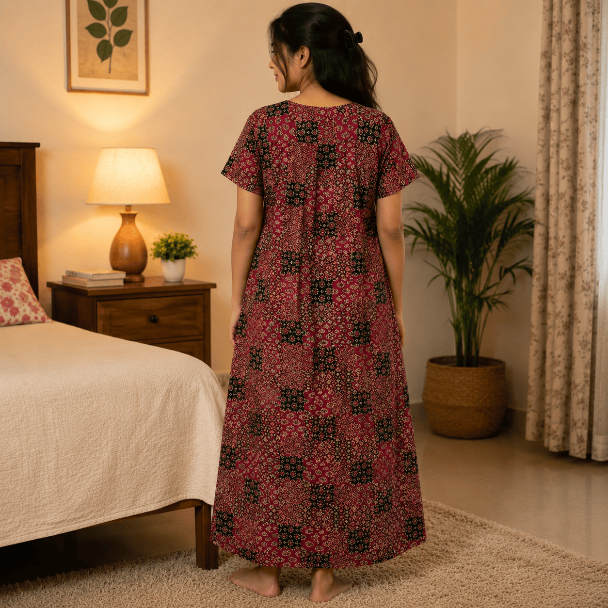 Women's Maroon Patchwork Printed Cotton Nighty – Soft & Comfortable Home Wear | XL & XXL OneZeros