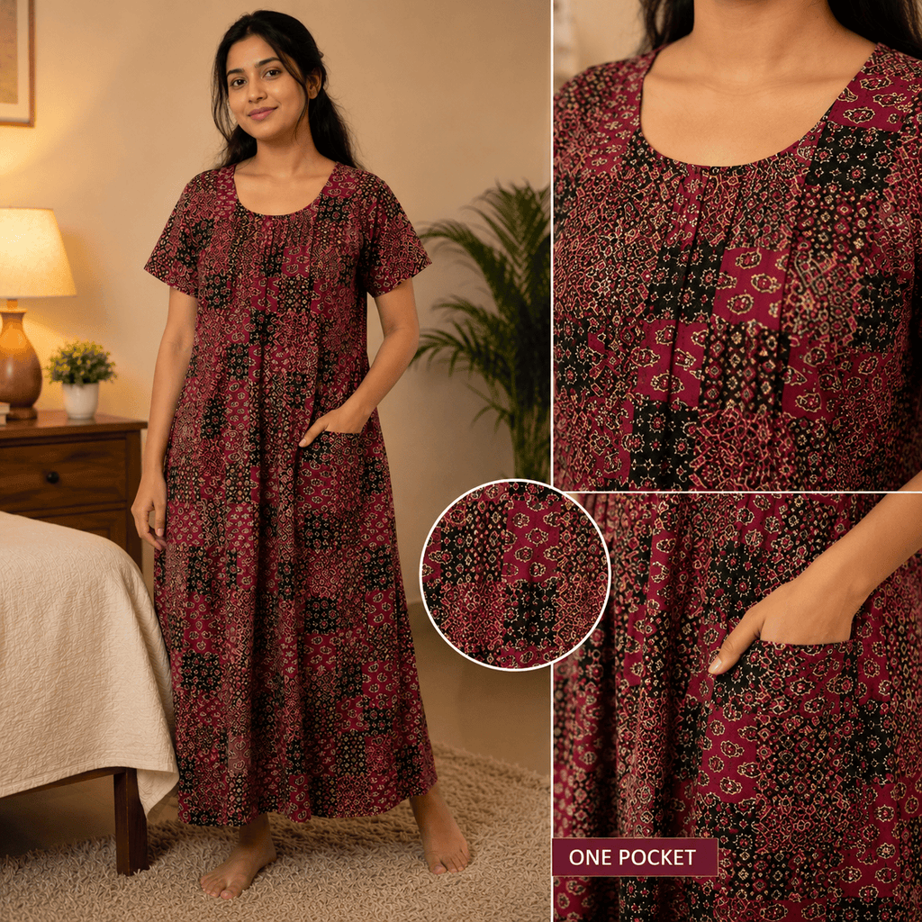 Women's Maroon Patchwork Printed Cotton Nighty – Soft & Comfortable Home Wear | XL & XXL OneZeros