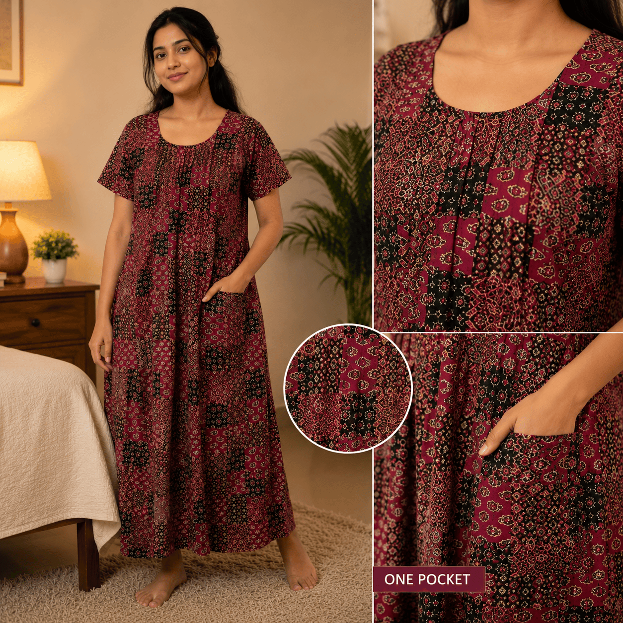 Women's Maroon Patchwork Printed Cotton Nighty – Soft & Comfortable Home Wear | XL & XXL OneZeros